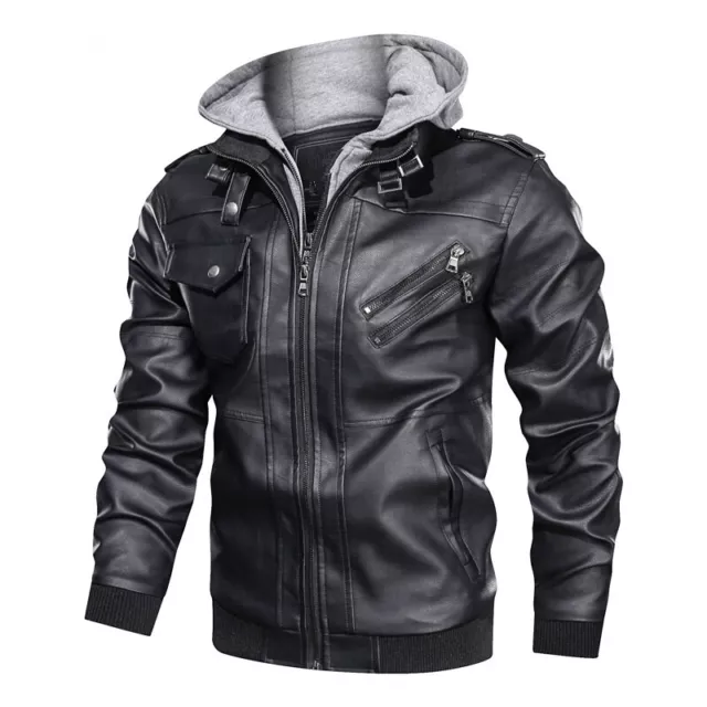 Hommes Faux Couche Veste Capuche Simili Cuir Motard Blazer Manteau Haut