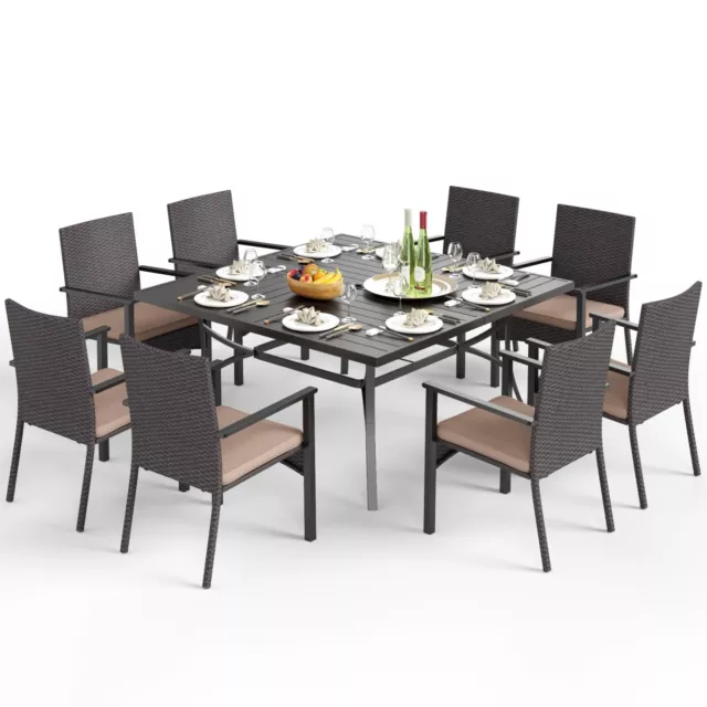 PHI VILLA 9 Piece Outdoor Dining Table Sets Patio Rattan Chairs Square Table