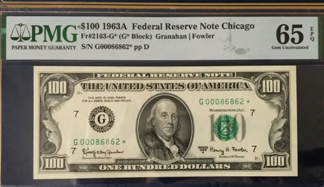1963A $100 Pmg65 Epq Gem Unc Federal Reserve *Star* Note Chicago           9186
