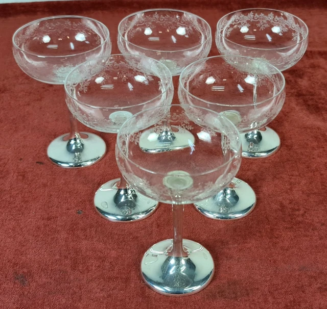 Set Of 6 Cups. Cut Glass. Silver Bases 916. Buxeda. Circa 1930.