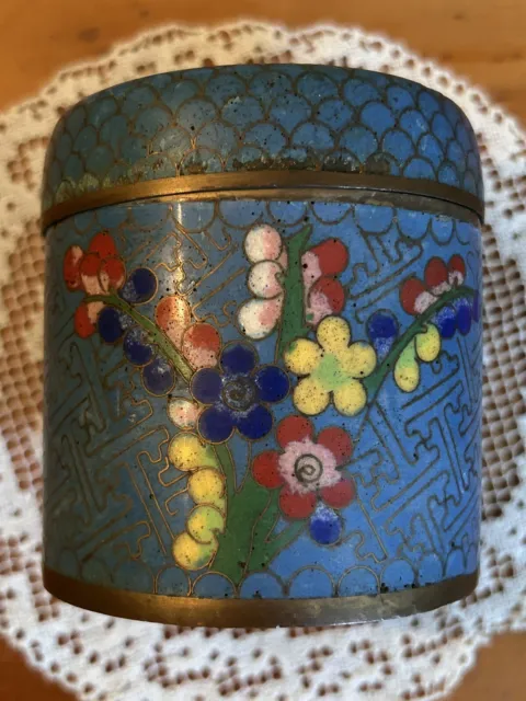 Chinese Cloisonne ENAMEL Brass Tea Caddy Trinket Box Lidded Jar Blue Flowers