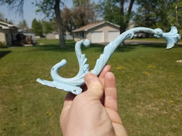 Large Antique Cast Iron Triple Coat Wall Hook Ornate w/ Robin Egg Blue Paint
