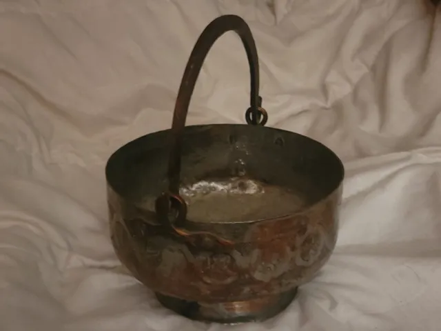 Large Antique Bronze Kettle Bucket Pail Wrought Iron Handle Primitive c/a 1850