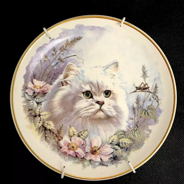 Vintage Prinknash Pottery White Fluffy Cat With Flowers Plate
