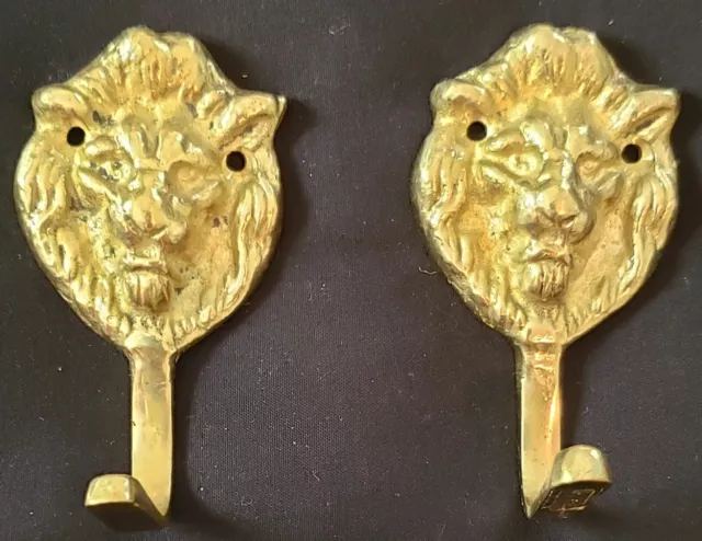Pair of Vintage Cast Brass Lion Head Coat Hooks Absolutely beautiful
