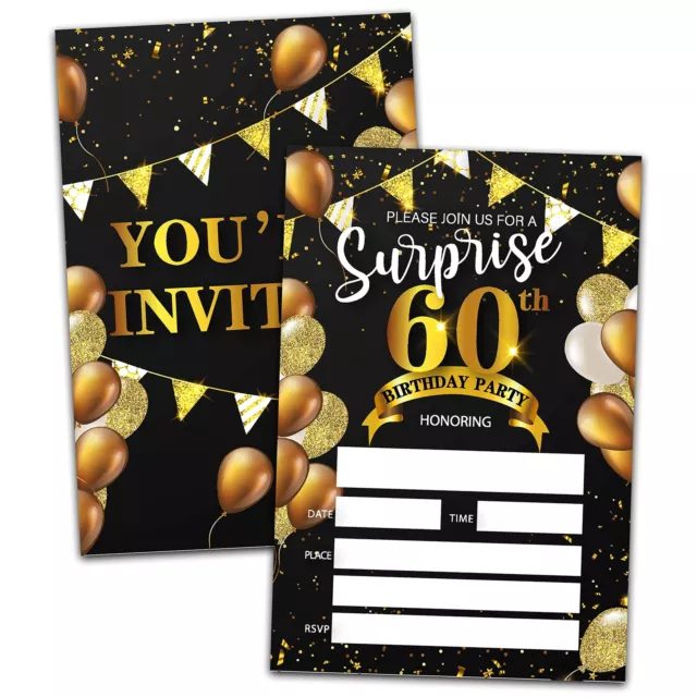Surprise 60th Birthday Party Invitations With Envelopes (20-Pack) | 4"x6" Bla...