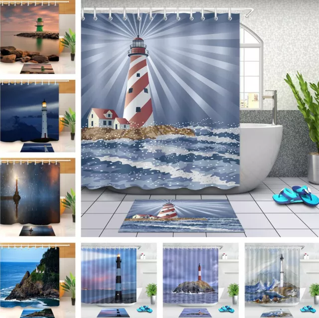 Seaside Lighthouse Waterproof Fabric Shower Curtain Set Bathroom Decor w/ Hooks