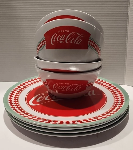 4 Gibson "DRINK COCA-COLA" Melamine 10-1/2" Dinner Plates + 4 Bowls