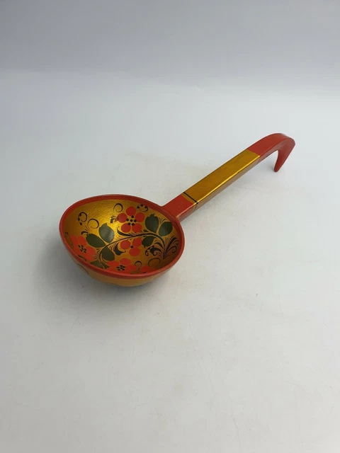 Russian Khokhloma Lacquer Wooden Spoon Ladle Hand Made & Painted "Red Flowers"