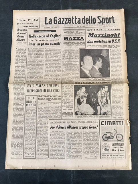 Gazzetta Dello Sport Originale - 29 Novembre 1969, Cagliari-Inter, Mazzinghi, Milan