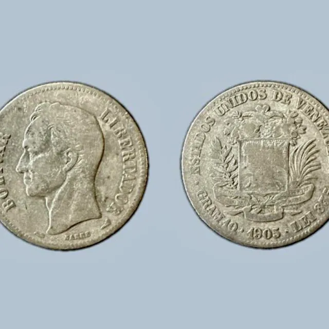 Venezuela  5 bolivares - 1905  KM24 0.900 Silver Coin Rare High Quality