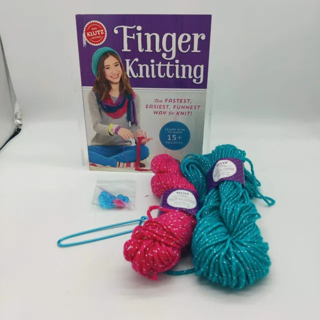 KLUTZ Finger Knitting 56 page Book Yarn Beads Button Kit