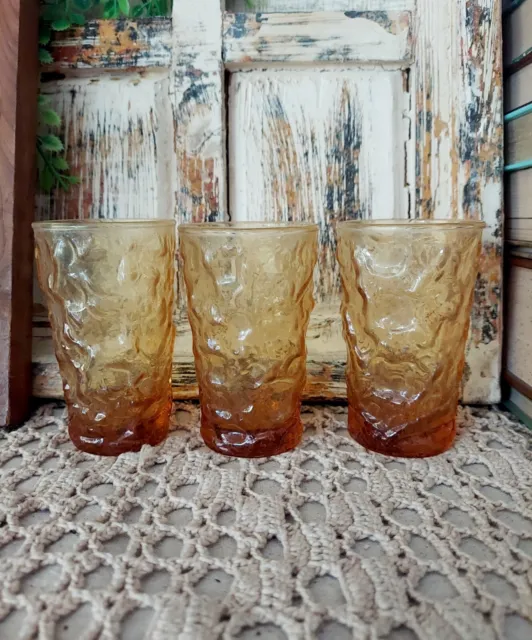 Lot Of 3 Vintage Anchor Hocking Lido Milano Amber Glass Drinking Glasses