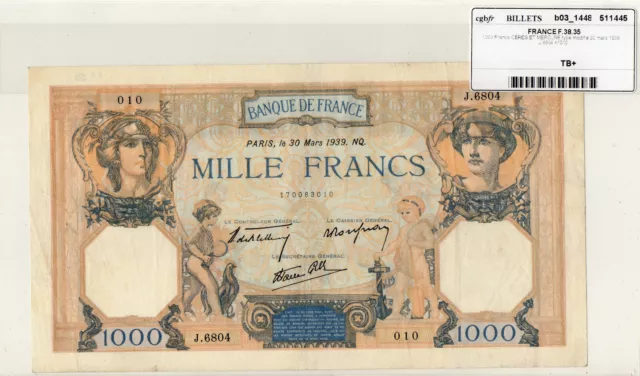 Billet de 1000 Francs Cérès et Mercure - 30 Mars 1939 - J.6804 010 - TB+