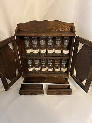 Vintage Mid-Century Wood Spice Cabinet W/ Apothecary Jars, Doors, Drawers