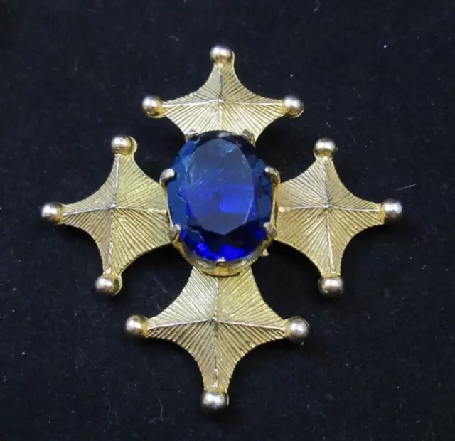 Vintage H Pomerantz & Co NY Signed Maltese Cross Brooch Pin Large Faux Sapphire