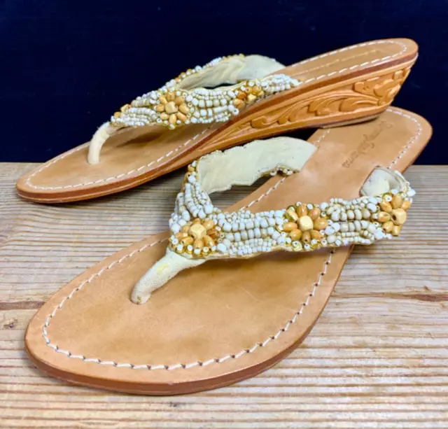 Tommy Bahama Beaded Thong Leather Sandals Carved Wood Wedge Heels Size 7