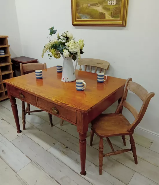 Antique Pine Farmhouse Table 2 Drawers Turned Legs Brass Cup Handles