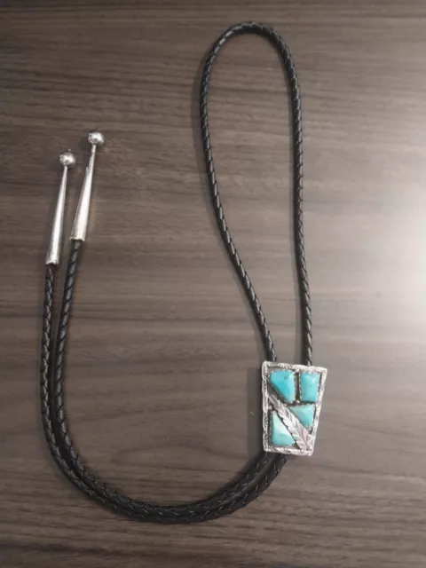 Navaho Old Pawn Sterling Silver & Kingman Turquoise Bolo Tie  Signed Carusetta ?