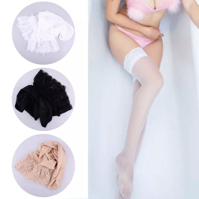 Women Ultrathin Shiny Lace Sheer Thigh High Nylon Stockings Socks Hold Up rt