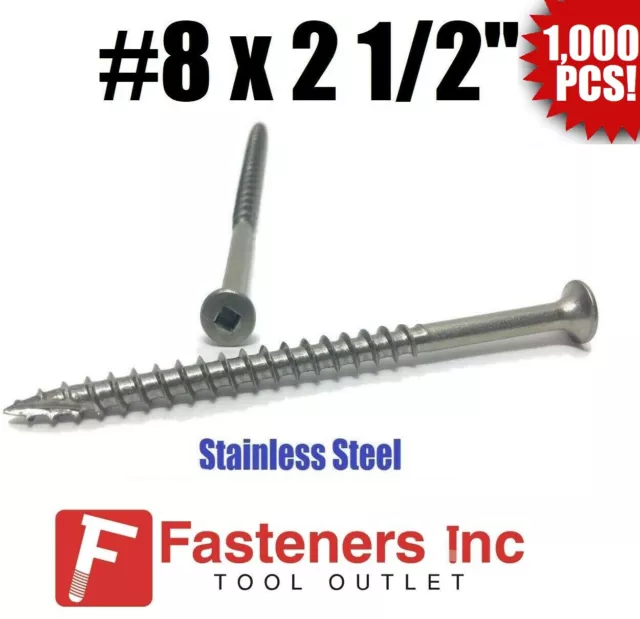 (Qty 1000) #8 x 2-1/2" Stainless Steel Deck Screws Square Drive Wood Type 17