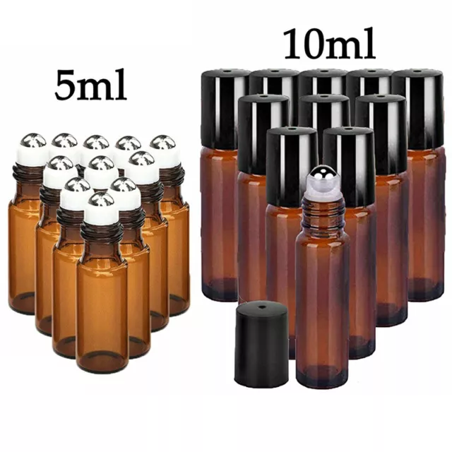 5/10Pcs 5ml/10ml Amber Roll On Glass Bottle Essential Oil Roller Ball Black Cap