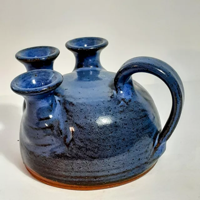 Vintage Studio Art Pottery bud Vase Blue Drip Glaze Luster "96" round SIGNED R7