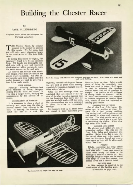 1935 Build The Chester Racer Control Line Airplane Magazine Article with plans