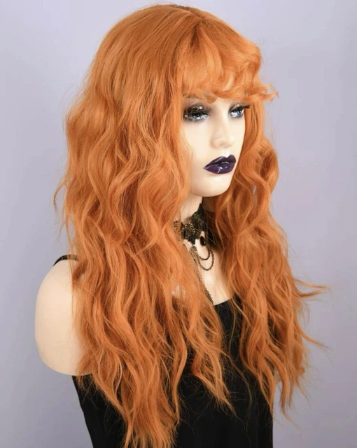 Perruque Longue Rousse Synthétique Avec Frange - Bonnet Moyen, Cheveux Ondulés - Neuf Sans étiquettes