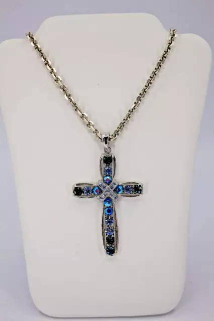 Sterling Silver 925 24" Necklace, 3" Knot Cross with CZ & Blue Bezel Set Stones