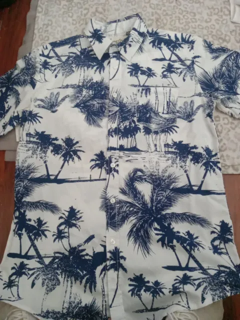 Coastal Shirt Mens White Palm Tree Button Up Short Sleeve Hawaiian - Medium