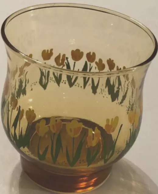 LIBBEY Yellow Tulips Amber Flowers Green Vintage Smoke Juice Rocks Glasses 3"