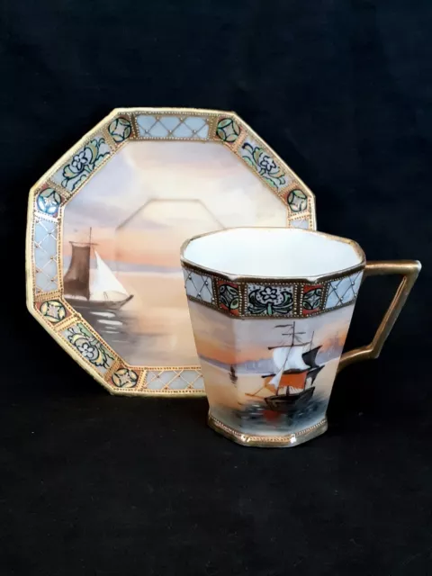 Antique Nippon Japan hand painted porcelain tea cup & saucer Morimura B, ca 1910