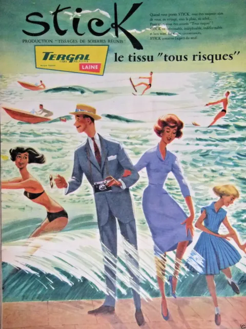 Publicité Presse 1959 Tergal Stick Le Tissu Tous Risques Tissage Soieries Réunis