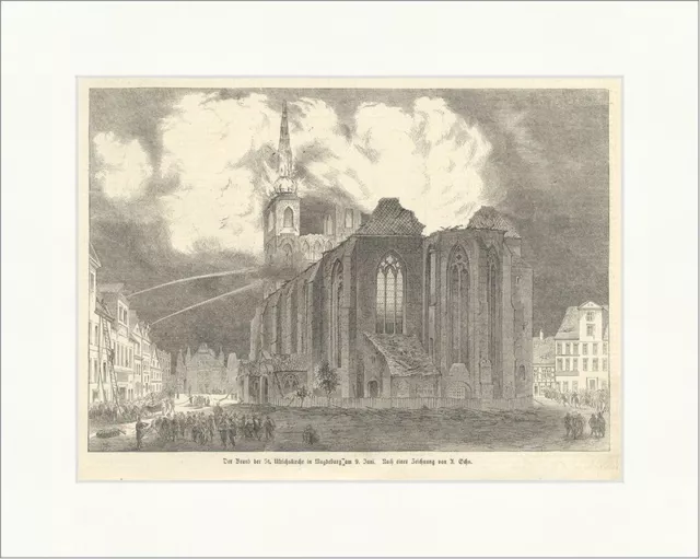 Der Brand des St. Ulrichskirche in Magdeburg A. Ochs Feuer Holzstich E 11348