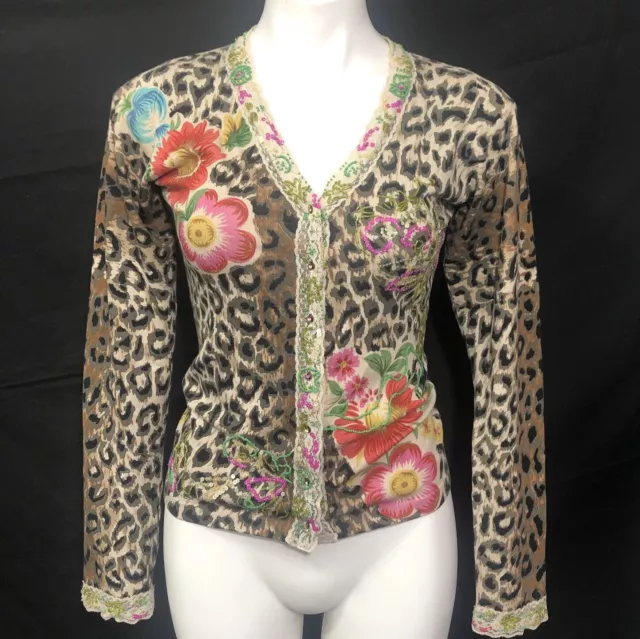 Charlotte M Silk Blend Button Sweater Lace Bead Floral Animal Print Brown Pink