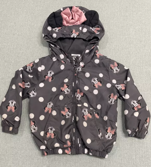 Disney Minnie Mouse Girls Hooded Coat Size 2-3 Years Zip Up Bow & Ears On Hood