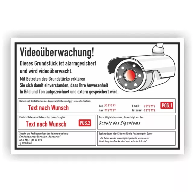 Videoüberwachung Kamera Hinweis nach DSGVO Personalisiert Warn-Schild BDSG Vi138