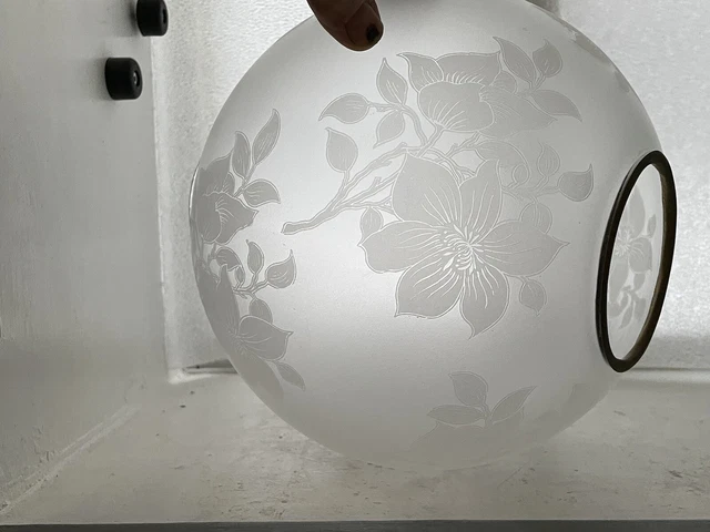Antique 9.5” Acid Etch Floral Glass Kerosene Oil Lamp Shade Globe 4” Fitter GWTW 11