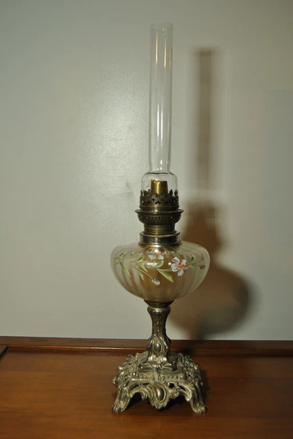 Lampe De Table En Verre émaillé Vintage – Pied Massif – Déco Fleurie