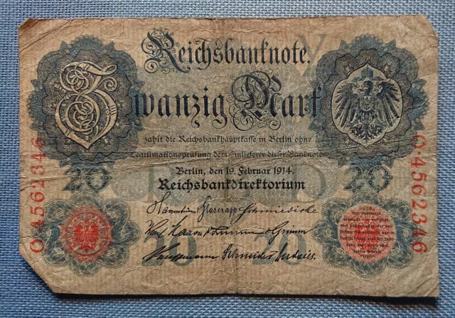 old Reichsbanknote Twenty Mark Berlin 19. February 1914 Reichsbank directorate