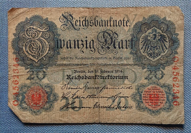 old Reichsbanknote Twenty Mark Berlin 19. February 1914 Reichsbank directorate