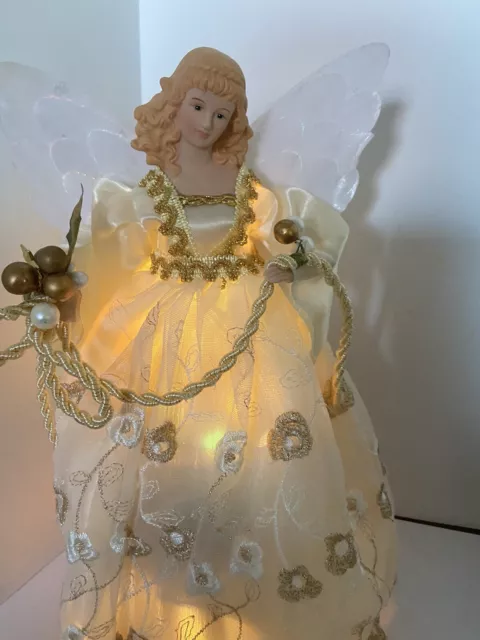 Vintage 14" Kurt Adler Fiber Optic Treetop / Tabletop Angel. Gold & Ivory W/ Box