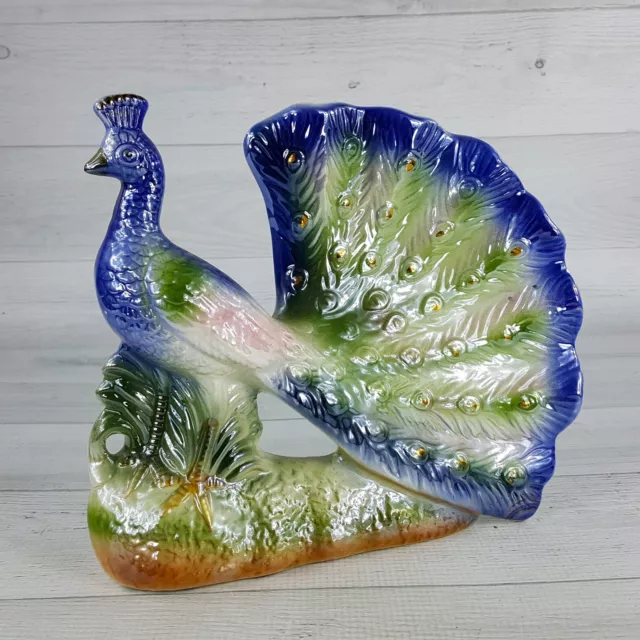 Vintage Lusterware Iridescent Large Peacock 9" Ceramic Figurine MCM Fanned Tail