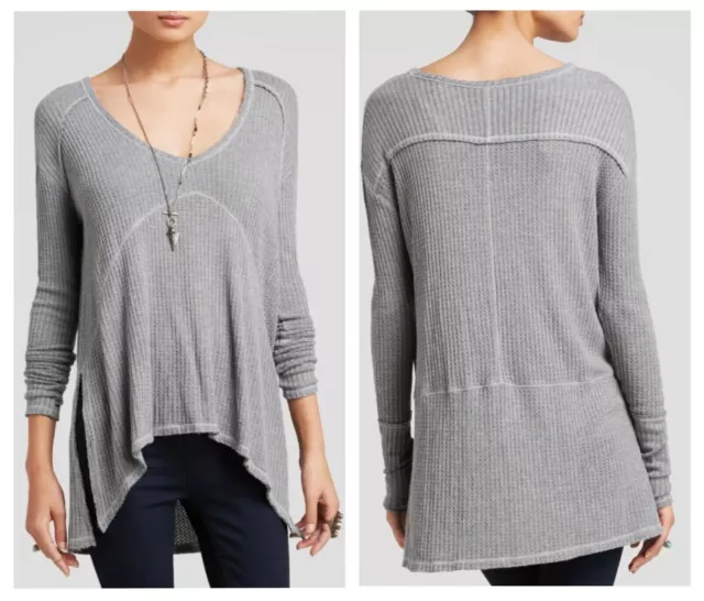 We The Free Free People Drippy Thermal Sunset Park Waffle Knit Distressed S Gray