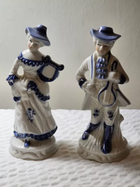 Vintage Victorian Couple Porcelain Figurine Playing Music Blue & White 8" Taiwan