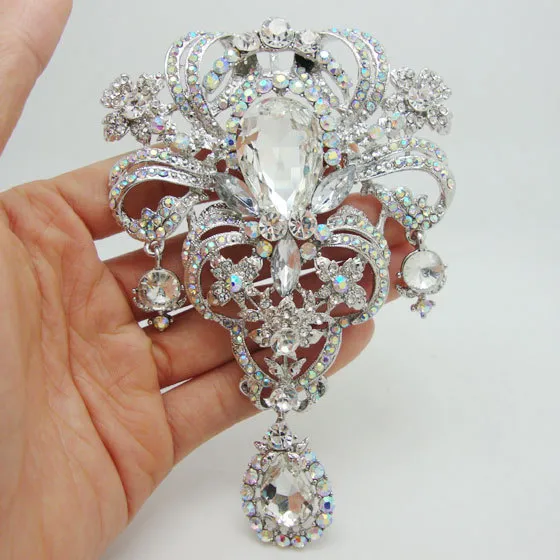 Bride Huge Flower Pendant Brooch Pin Clear Rhinestone Crystal
