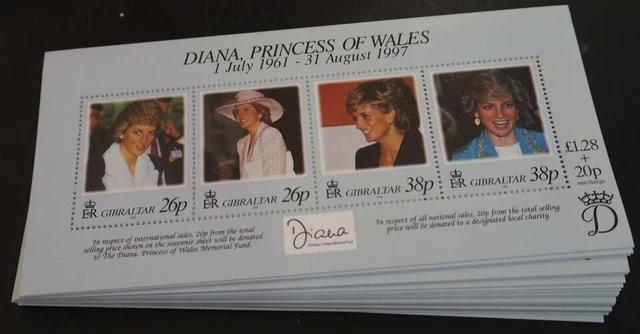 1998 Gibraltar; 100 Blocks Prinzessin Diana, postfrisch/MNH, Bl. 32, ME 600,-