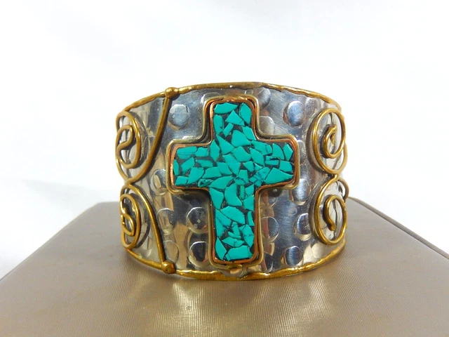 Vtg Huge Brutalist Mixed Metals Turquoise Stone Mosaic Inlay Cross Cuff Bracelet