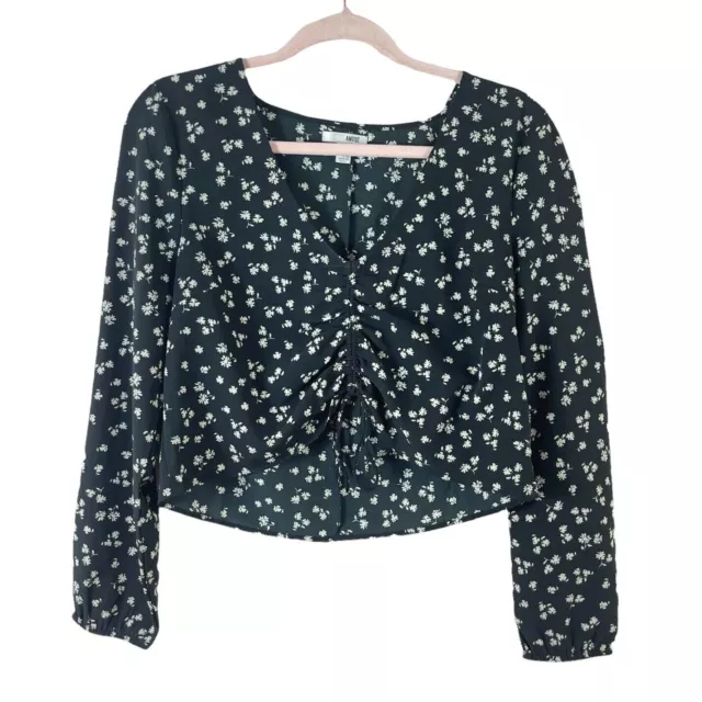 AMUSE SOCIETY womens size S black floral long sleeve cropped cinch waist blouse